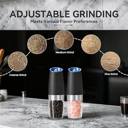 Gravity Electric Salt and Pepper Grinder set of 2, Automatic Salt And Pepper Grinder Set, Adjustable Roughness, Battery Powered, LED Light, 2 Pack, (Black)