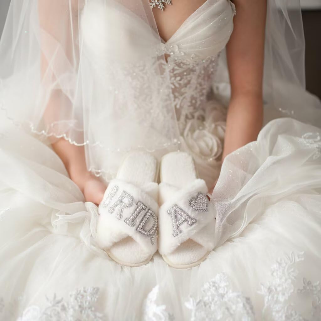 MAIITRIP Personalized Bride Slippers for Bride to Be | Plush,Non-Slip & Custom Initial A-Z with Pearl Rhinestones | Personalized Gift for Bridal Shower,Bachelorette,Honeymoon & Wedding