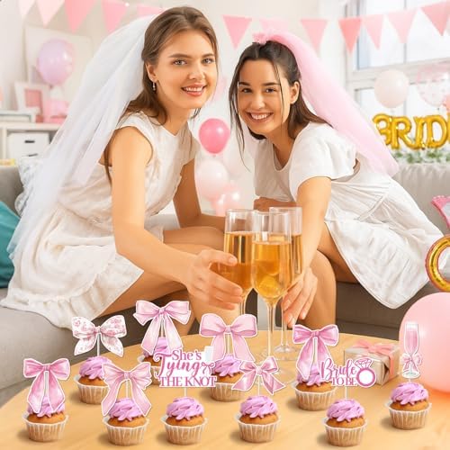 FodeMoraka Shes Tying The Knot – 36 Pcs Pink Bride to Be Cupcake Toppers Decorations Set Cake Cupcakes Dessert Decor Coquete Bow Wine Glass Party Supplies Favors for Girls Bachelorette Bridal Shower