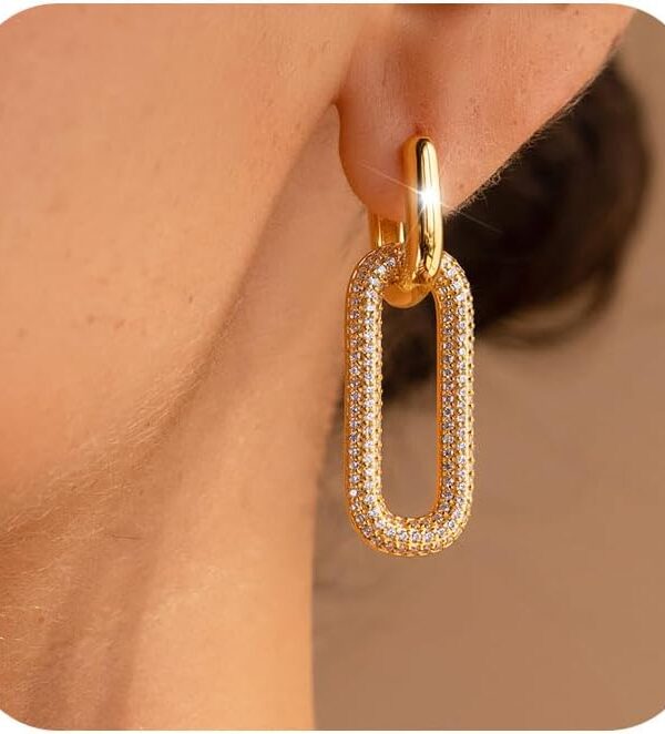 Gold Earrings for Women Trendy, Simple Dainty 14K Gold Plated Paperclip Square Chain Link Dangle Hoops Earrings Pin Stud Huggie Earrings Lightweight Hypoallergenic Minimalist Aesthetic Gold Jewelry for Christmas Gifts