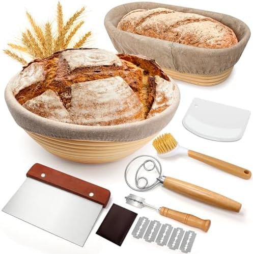 Sourdough Proofing Basket Gift Set, 9 Round and 10 Oval Banneton Bread Baking Supplies, Sourdough Baskets with Bread Lame, Danish Whish, Bowl Scraper, Sourdough Scraper, and Linen Liners