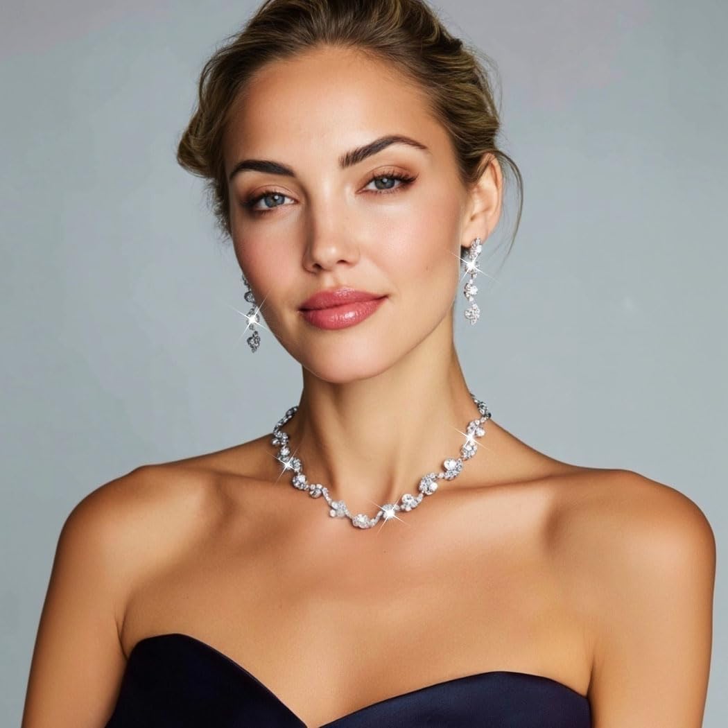 Unicra Bride Silver Necklace Earrings Set Crystal Bridal Wedding Jewelry Set Rhinestone Choker Necklace for Women and Brides