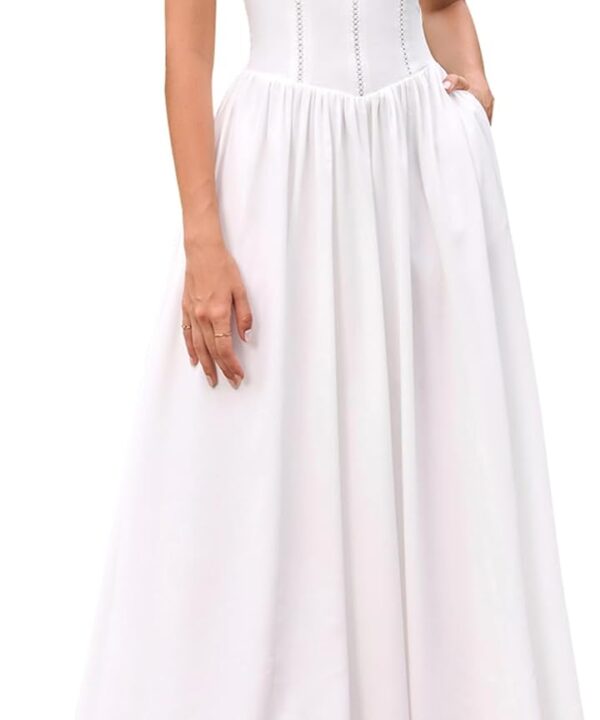 KUTUMAI Floral Corset Long Maxi Dress Lace Up Flowy A Line Summer Wedding Guest Dresses for Women Sundress with Pockets