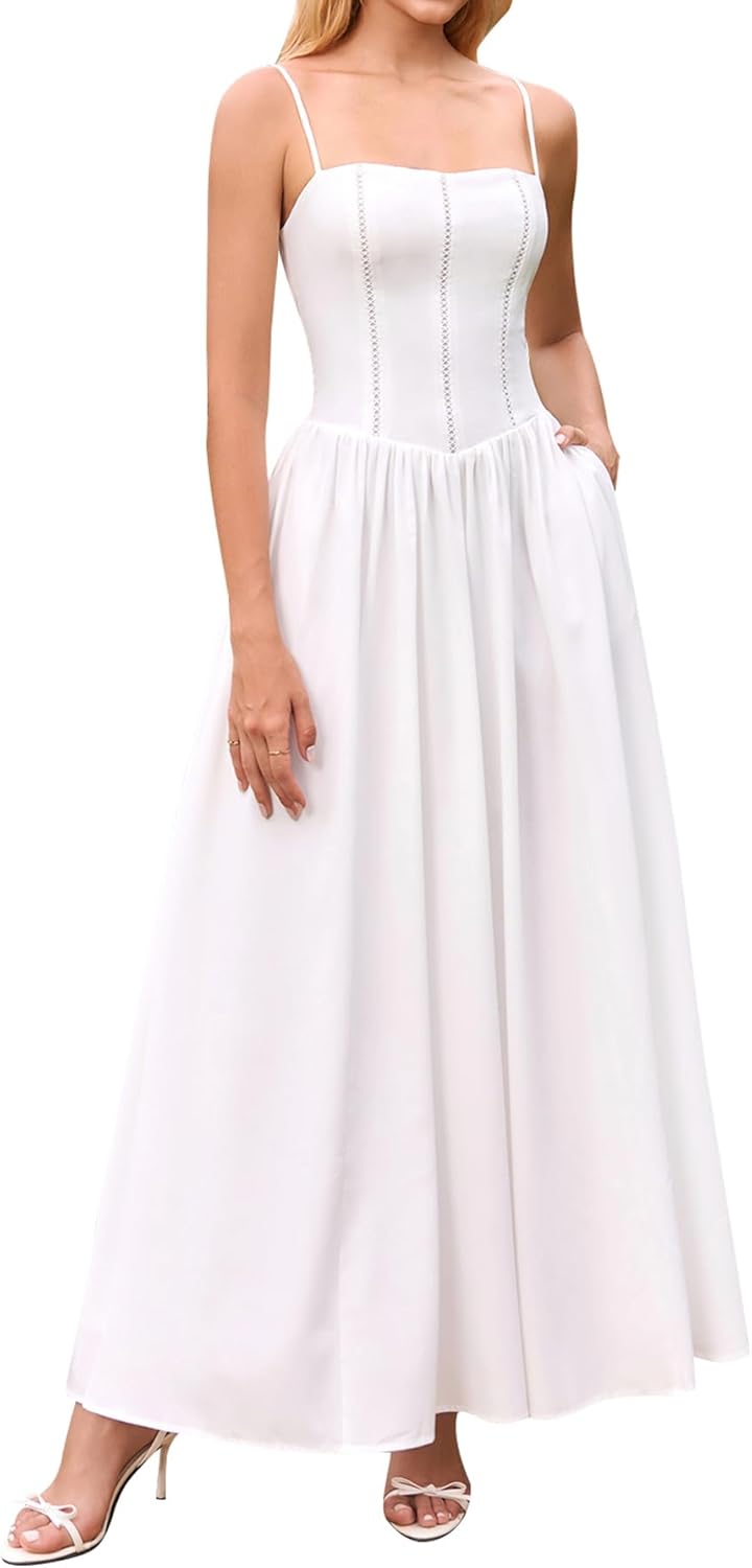 KUTUMAI Floral Corset Long Maxi Dress Lace Up Flowy A Line Summer Wedding Guest Dresses for Women Sundress with Pockets