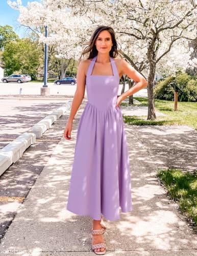 ZESICA Womens Summer Sleeveless Halter Midi Dress 2026 Off Shoulder High Waist Flowy Beach Wedding Guest Long Dresses