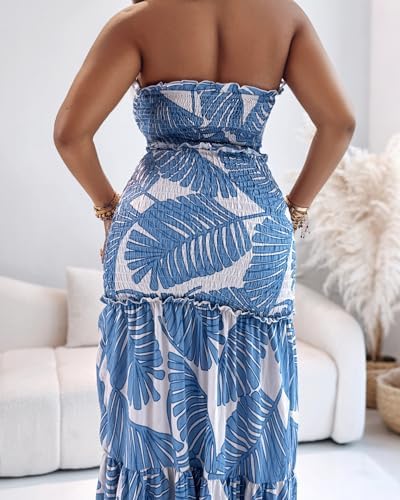 CHICME Floral Printed Prom Dress Tie Ruched Shirred Bandeau Party Dress Slim Fit Ruffle Hem Vacation Dresses