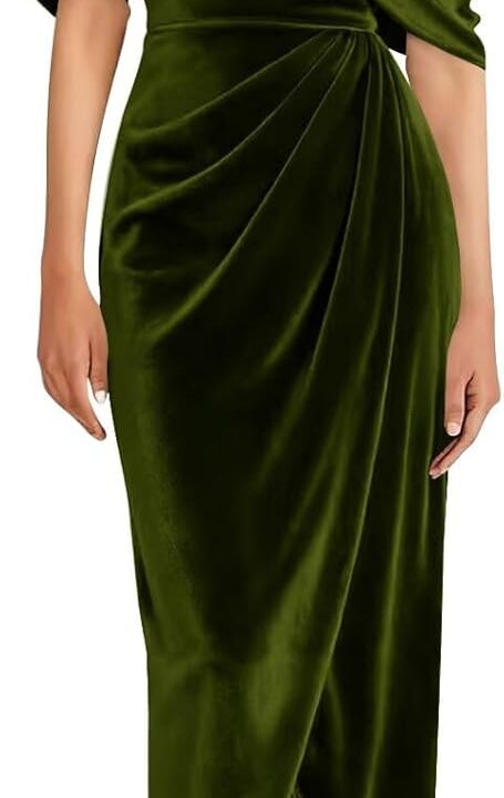 One Shoulder Velvet Formal Dress for Women Wrap Wedding Guest Dress with Slit Evening Gown
