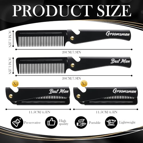 6 Pcs Groomsmen Gifts Folding Beard Comb for Men with Opener Groomsmen Gift Set of 6 Best Man Proposal Gift Combs Hair Mustache for Wedding Party Favor Grooming Detangling(Stainless Steel,Black)