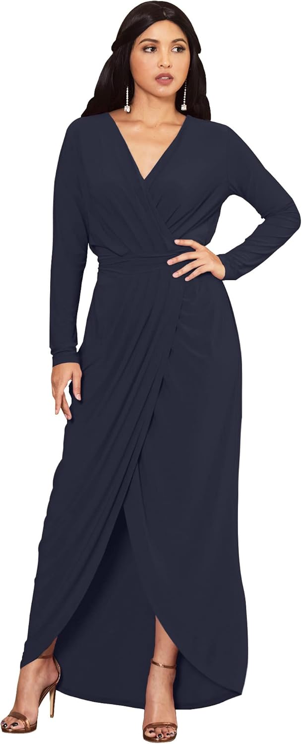 KOH KOH Womens 2025 Long Sleeve Formal Wrap Draped Cocktail V-Neck Gown Maxi Dress