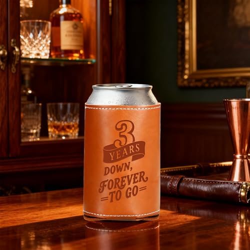 Leather 3rd Anniversary Wedding Gifts for Him Men, 3rd Anniversary Engagement Gift for Husband Dad Grandpa, 3 Year Leather Presents, Leathe r Can Cooler for Mens 12Oz, 3 Year Anniversary items