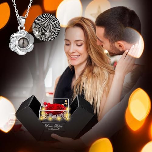 ENERLEAF Preserved Red Real Rose-Eternal Flowers Rose Gifts for Mom Grandma Wife Girlfriend on Mothers Day Birthday Valentines Christmas Anniversary Romantic Gifts for Her with I Love You Necklace