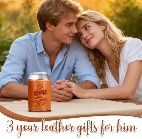 Leather 3rd Anniversary Wedding Gifts for Him Men, 3rd Anniversary Engagement Gift for Husband Dad Grandpa, 3 Year Leather Presents, Leathe r Can Cooler for Mens 12Oz, 3 Year Anniversary items