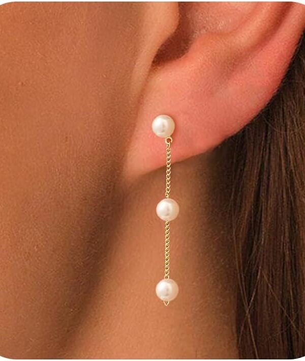 Moodear Dainty Pearl Dangle Earrings for Women - Trendy 14K Gold Plated Pearl Hypoallergenic Drop Earring Wedding Jewelry Gift