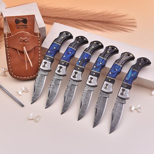 Set of 6 – Personalized Damascus Pocket Knife for Groomsmen -With Leather Sheaths – Custom Engraved Pocket Knives | Groomsman Gifts for Wedding, Groomsmen Proposal Gifts