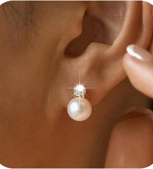 Fezgoat Pearl Earrings for Women-Dainty 14k Real Gold Plated Pearl Sterling Silver Post Trendy Diamond Stud Drop Earrings Bridal Wedding Jewelry