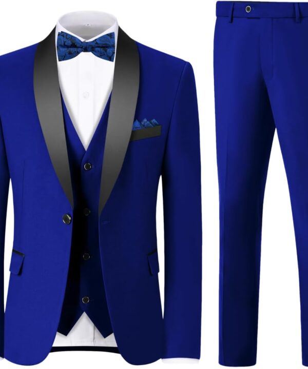 Men's 3 Piece Slim Fit Suit One Button Shawl Lapel Jacket Vest Pants Tuxedo Set with Bow Tie Pocket Square