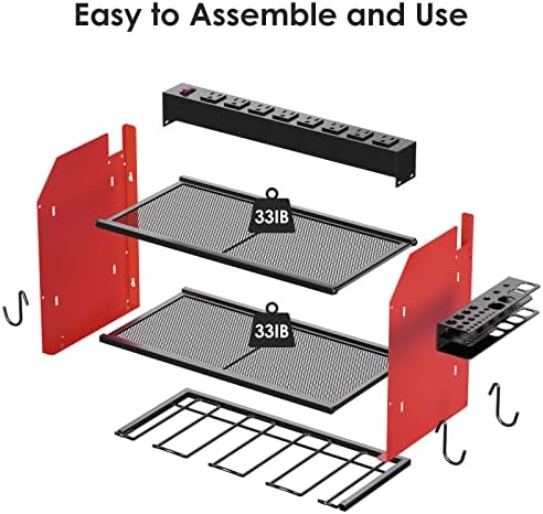 CCCEI Modular Power Tool Organizer Wall Mount with Charging Station. Garage Drill Storage Shelf with Hooks, Heavy Duty Rack, Tool Battery Holder Built in 8 Outlet. Gift for Men. Red, 1 Pack.