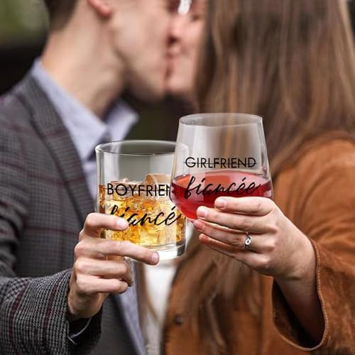 Engagement Gifts for Couples, 10 oz Whiskey and 12 oz Wine Glass Set, Newly Engaged Fiancee & Fiance Gifts for Women, Fade-Resistant, Beautiful Packaging, Proposal Decorations & She Said Yes Present