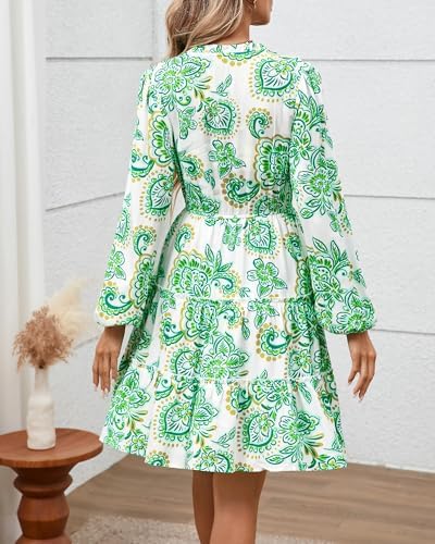 BTFBM Women Fall Dresses 2025 Floral V Neck Long Sleeve Tiered Ruffle Boho Swing Flowy A-Line Mini Dresses Vacation