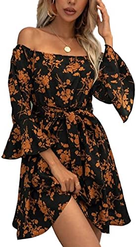 Womens Off Shoulder Ruffle Floral Summer Wedding Guest Dresses A Line Shift Short Skater Dress with Belt