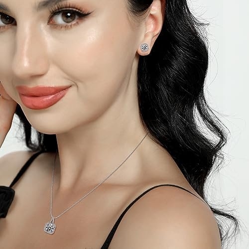 Cubic Zirconia Necklace and Earrings Set for Women 14K White Gold Plated Bridesmaid Silver Jewelry Set for Women Pendant Necklace Hypoallergenic Stud Earrings Set Jewellery Gift for Mom Wife Bride Bridesmaid
