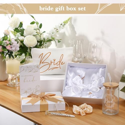 Irenare 8 Pcs Bride Gifts Set for Bridal Shower Bachelorette Party Robe Cup Makeup Bag Bracelet Scrunchies Card Pen Gift Box(White)