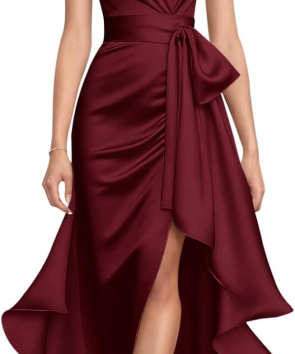 High Low Prom Dresses for Women Elegant V-Neck Halter 2025 A-Line Pleated Satin Party Gowns Tie Waist JA0318