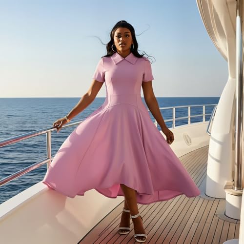 Voghtic Womens Collared Short Sleeve Midi Dress: Ruched Waist Asymmetrical Hem Elegant Casual Work Dress