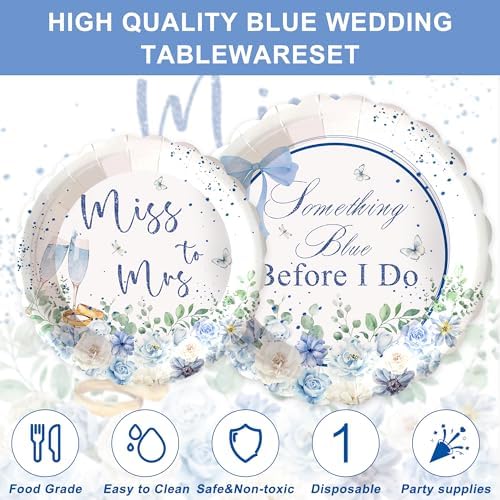120PCS Something Blue Before I Do Decorations for Wedding Blue Floral Bridal Shower Party Supplies Bachelorette Tableware Set Miss to Mrs Plates Napkins Cups Forks Knives for 20 Guests