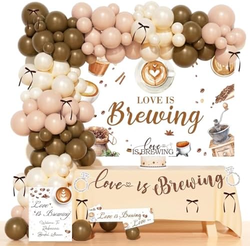 Love is Brewing Bridal Shower Decorations – Coffee Bridal Shower Decorations with Balloon Garland, Cake Topper, Banner, Backdrop, Poster for Espresso Martini Decor