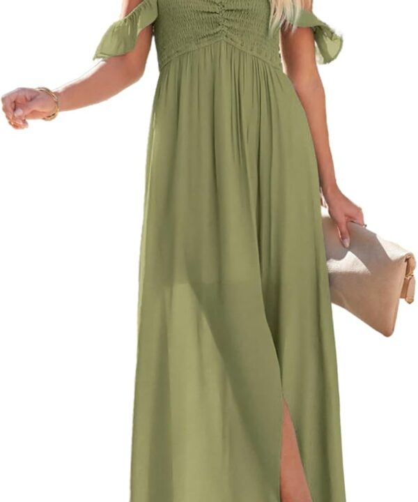 Happy Sailed Women's 2025 Summer Smocked Off The Shoulder Maxi Dresses Ruffle Short Sleeve A Line Side Slit Sundress