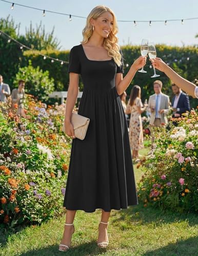 ZESICA Summer Dresses for Women 2026 Elegant Classy Square Neck Short Sleeve Flowy Cocktail Party Midi Dress