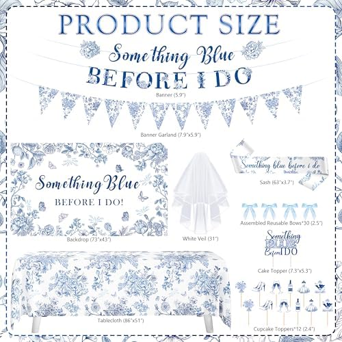 Something Blue Before I Do Bridal Shower Decorations,127 PCS Blue Bachelorette Party Decorations with Coquette Bow Balloon Arch Kit Floral Backdrop Tablecloth Banner Garland Cake Topper Veil