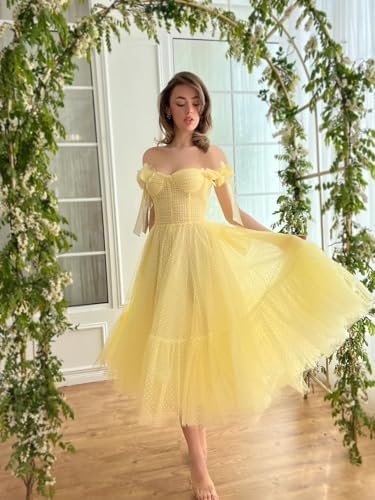 Dotted Tulle Off Shoulder Prom Dress for Women Sweetheart Midi Puffy Formal Party Gowns