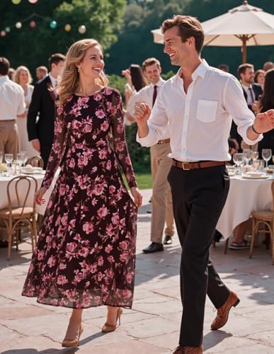 ZESICA Womens Maxi Dress 2026 Spring Long Sleeve Crewneck Floral Print Mesh Ruched Party Wedding Guest Dresses