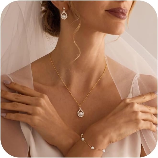 Jewelry Sets for Women,Dainty 14k Gold Plated Pearl Earrings Necklace Bracelet Fashion Silver Bridal Jewelry accessories SimpleWedding Jewelry Sets for Brides