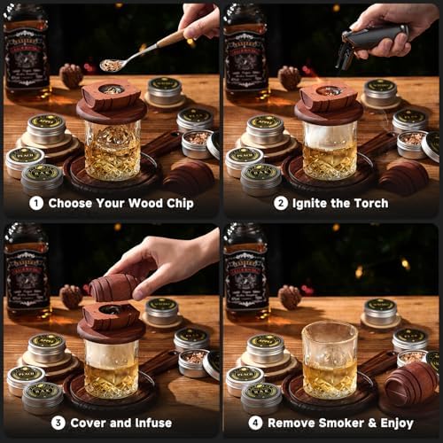 Whiskey Smoker Kit with Torch – 6 Flavors Wood Chips, 2 Glasses, 2 Ice Ball Molds – Cocktail Smoker Infuser Kit, Old Fashioned Drink Smoker Kit, Birthday Bourbon Whiskey Gifts for Men,Dad(NO Butane)