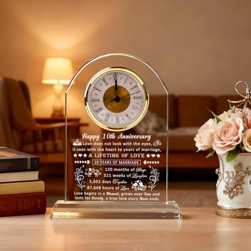 10 Year Anniversary Clock Gifts for Him Her, 10th Anniversary Romantic Gifts for Couple, Ten Year Anniversary Wedding Gifts for Wife Husband Women Men, 10 Years of Marriage Gifts