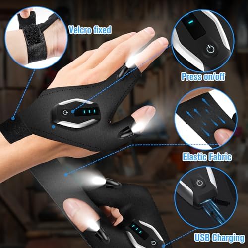 Valentines Day Gifts for Him, LED Flashlight Gloves, Mens Valentines Gifts for Men Dad Husband Boyfriend, Anniversary Birthday Gifts for Camping Essentials Cool Gadgets Tools for Fishing Repairing