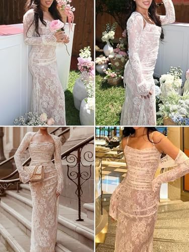 Women Cami Lace Maxi Dress Romantic Long Sleeve Lace Bodycon Dresses Elegant