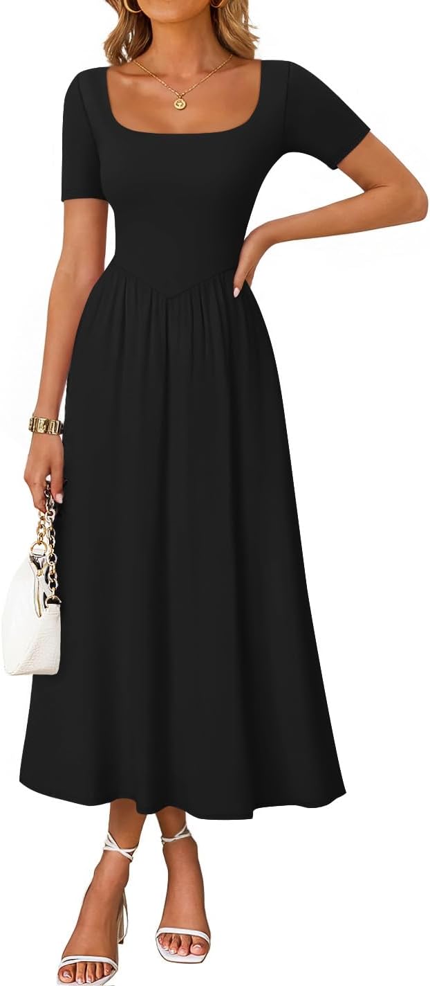 ZESICA Summer Dresses for Women 2026 Elegant Classy Square Neck Short Sleeve Flowy Cocktail Party Midi Dress