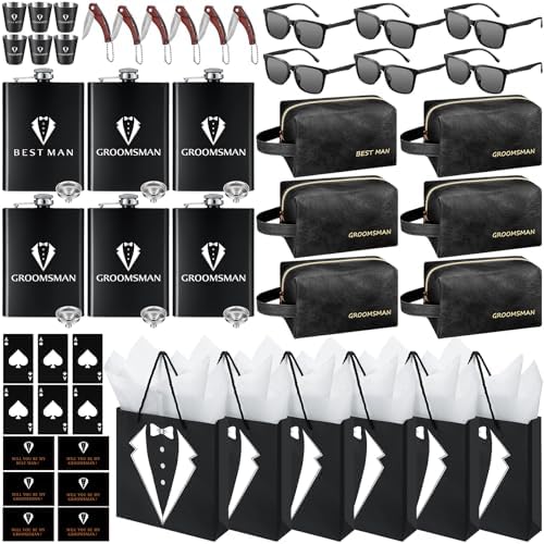 60Pcs Groomsmen Gifts Set of 6, Groomsmen Proposal Box with Flasks Sunglasses PU Leather Toiletry Bag Bottle Opener for Wedding Groomsman Best Man Gift (Black)