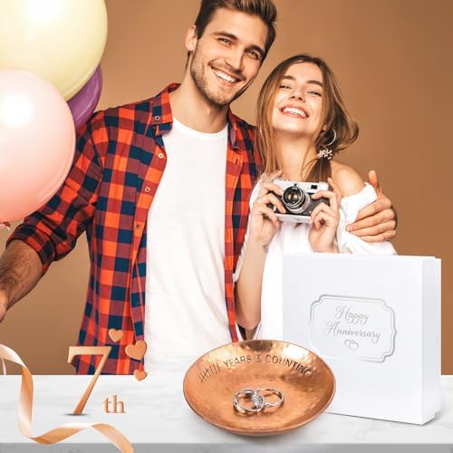 CEELGON 7th Wedding Anniversary Copper Gifts 4 Engraved Jewelry Tray Copper Decorative Dish for Couples Wedding Gift for Him or Her
