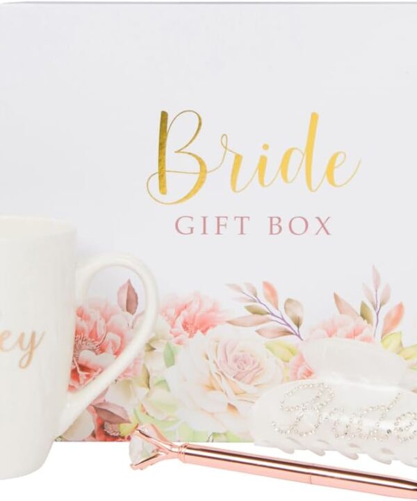 Bride Gift Box - Bride to Be Gift Set for Bridal Shower, Engagement Party, Bachelorette Party, Wedding Shower, or Wedding - Includes Champagne Tumbler, Coffee Mug, Hair Clip, and More in Premium Box