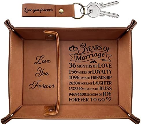 XIKAINUO 3 Years of Marriage Engraved Leather Tray Jewelry Organization with Love You Forever Keychain Includes Dates Breakdown Gift for Couples Husband Wife Birthday Wedding Anniversary
