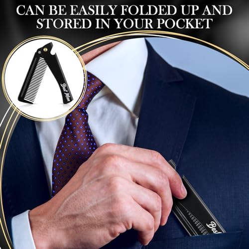 6 Pcs Groomsmen Gifts Folding Beard Comb for Men with Opener Groomsmen Gift Set of 6 Best Man Proposal Gift Combs Hair Mustache for Wedding Party Favor Grooming Detangling(Stainless Steel,Black)