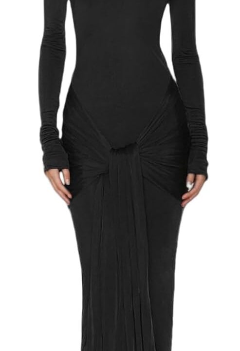 JUMISEE Women's Sexy High Neck Long Sleeve Maxi Dress Elegant Tie Waist Bodycon Long Dress Cocktail Party Dress