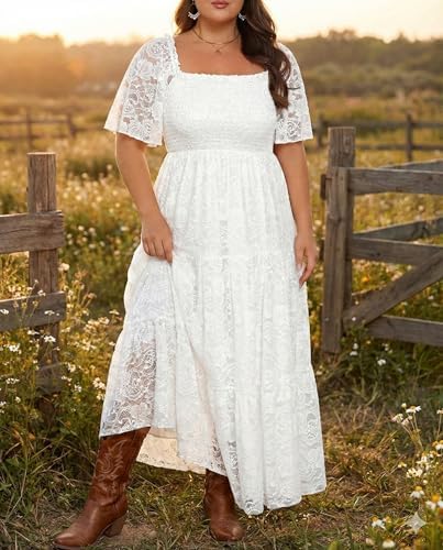 Plus Size Wedding Dress Bride Boho Lace Formal Square Neck Ruffle Sleeves Long Dresses for Curvy Women