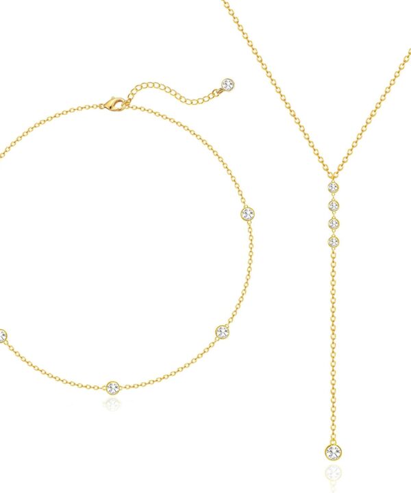Zeffy Lariat Gold Necklace for Women, Dainty Long Necklace 14k Gold/Silver Plated Layered CZ Beaded Bar Chain Y-Shaped Body Chain Stack Drop Wedding Necklace Trendy Simple Gold Jewelry Gifts