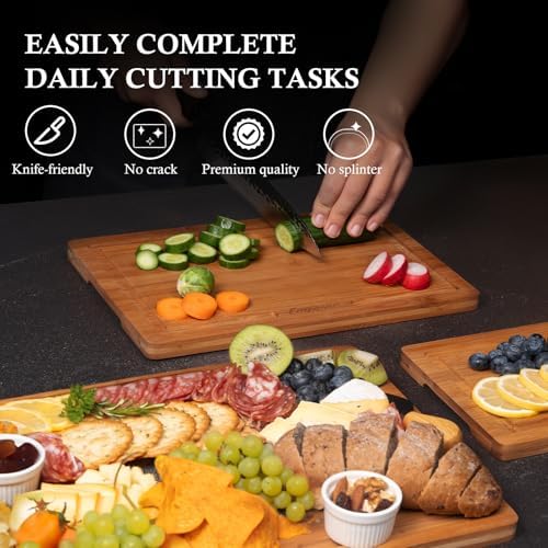 Empune Bamboo Cutting Board Set, Wood Cutting Boards for Kitchen with Holder Wooden Chopping Board for Meal Prep & Serving, Brown